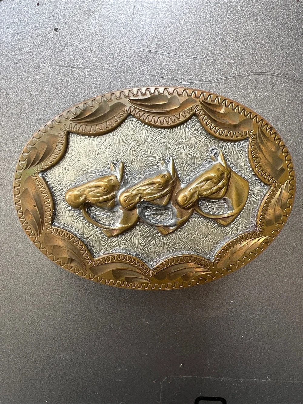 Bar J Vintage German Silver Brass Horse Trio Belt Buckle